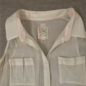 Vintage 90s Billabong White Sheer 100% Cotton Blouse with Hot Pink Stitch Size S